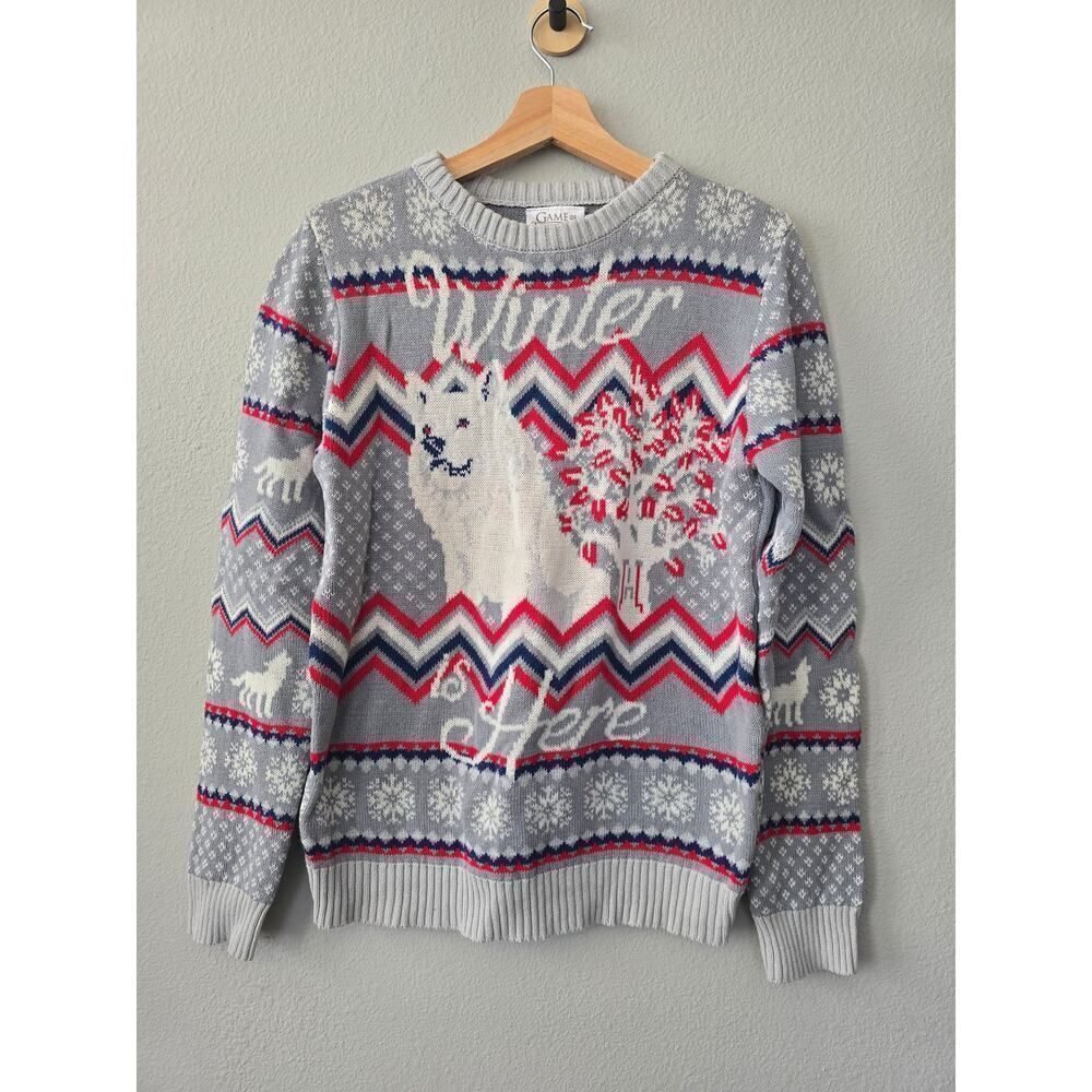 Game of Thrones Stark Direwolf Ugly Christmas Sweater Gray Red Blue L Unisex GOT